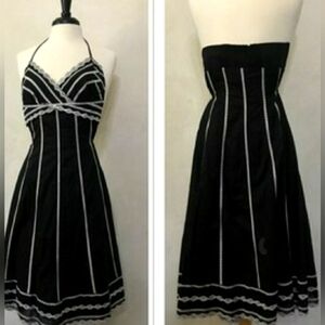 White House Black Market Halter Dress Size 0. Black with White Embroidery. Midi